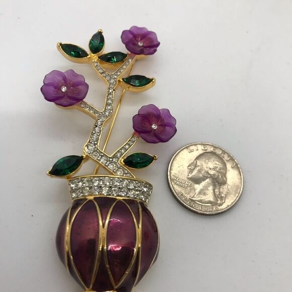 Flower Bouquet Vase Enamel Brooch Gold Tone 90s Vintage - Picture 5 of 11